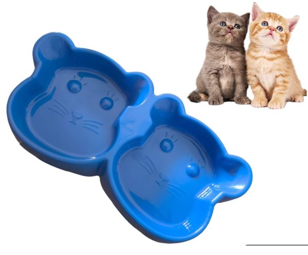 Cute Cat-Shaped Double Food Bowl | Durable Plastic Pet Feeder | Food & Water Dish for Cats & Small Pets (Random Colors)